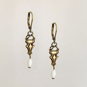 ALEXANDRIA Art Deco brass and pearl earrings-GREEN BIJOU