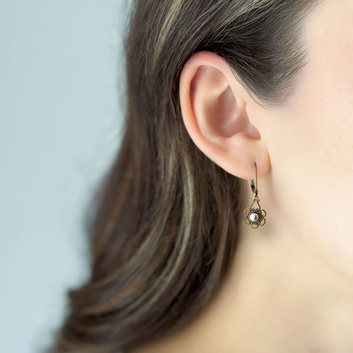 FINN Art Nouveau bronze filigree grey pearl drop earrings-GREEN BIJOU FINN Art Nouveau bronze filigree grey pearl drop earrings-GREEN BIJOU