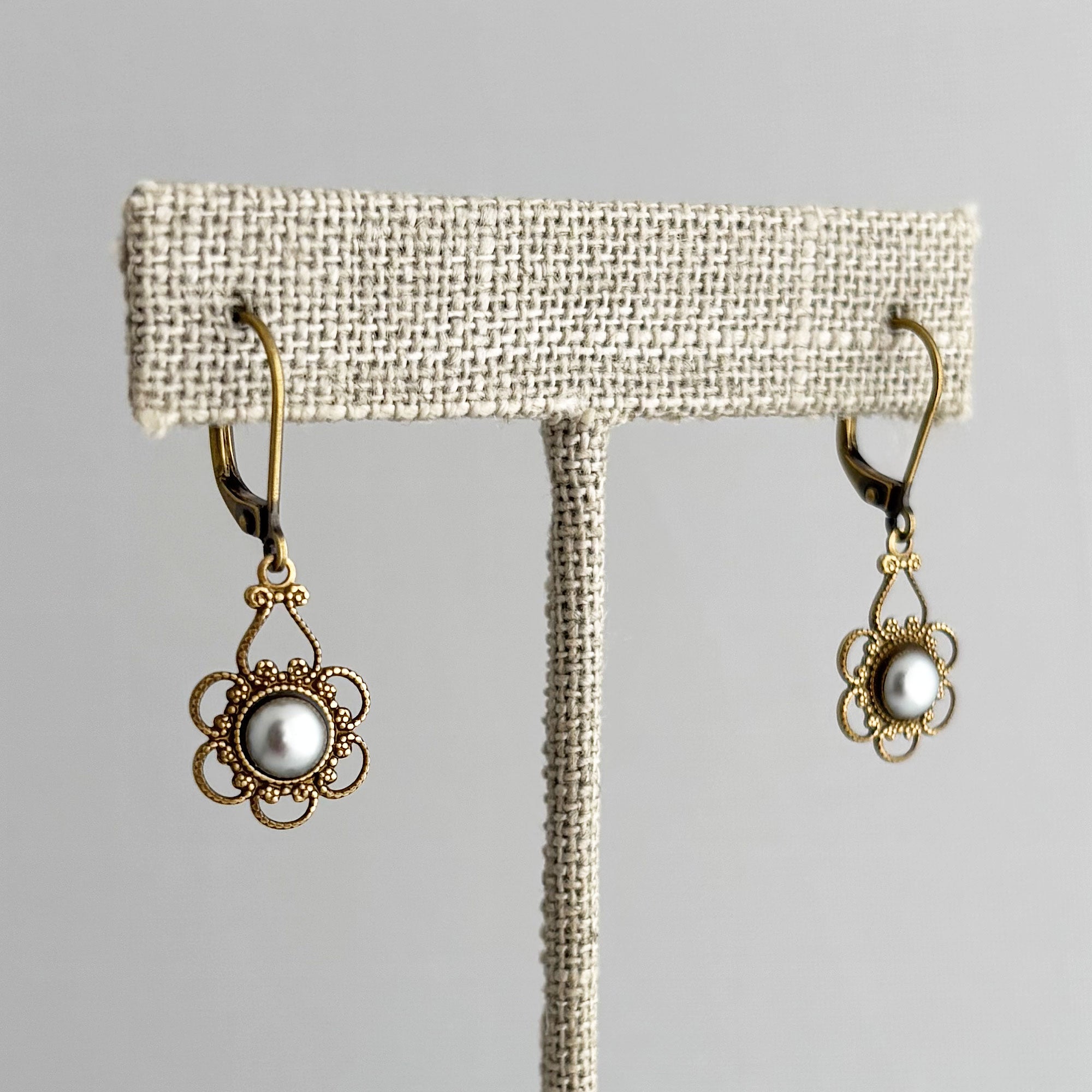 FINN Art Nouveau bronze filigree grey pearl drop earrings-GREEN BIJOU FINN Art Nouveau bronze filigree grey pearl drop earrings-GREEN BIJOU