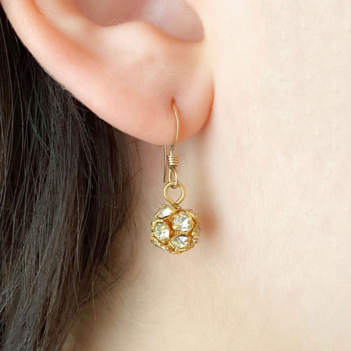 LOLA gold rhinestone ball earrings-GREEN BIJOU