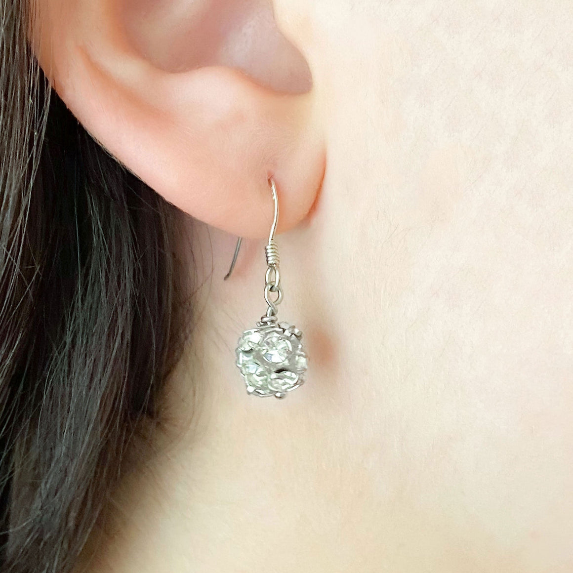 LOLA silver rhinestone ball earrings-GREEN BIJOU