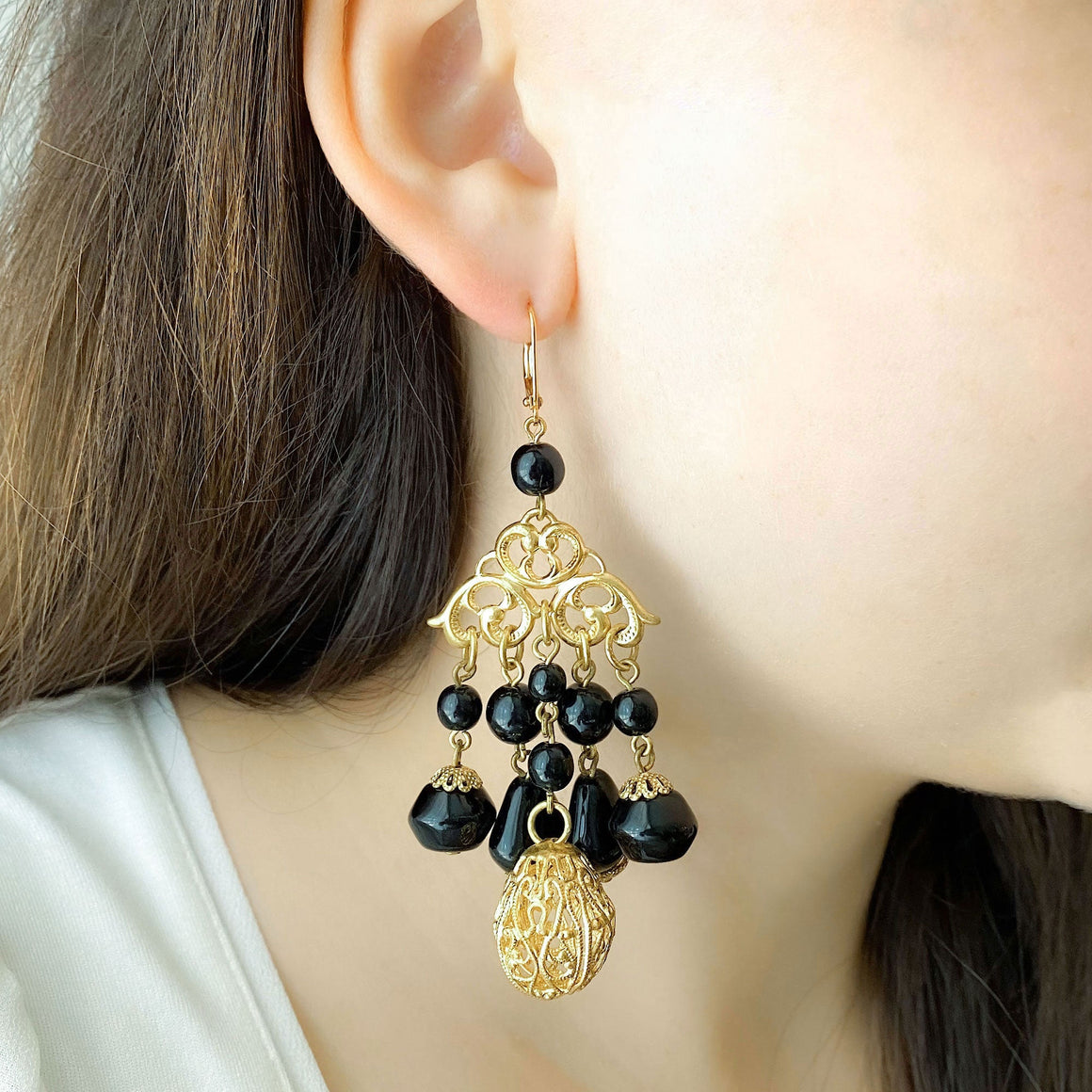MONTROSE vintage gold and black chandelier earrings-GREEN BIJOU