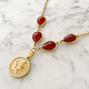 QUINN red crystal gold coin necklace - 