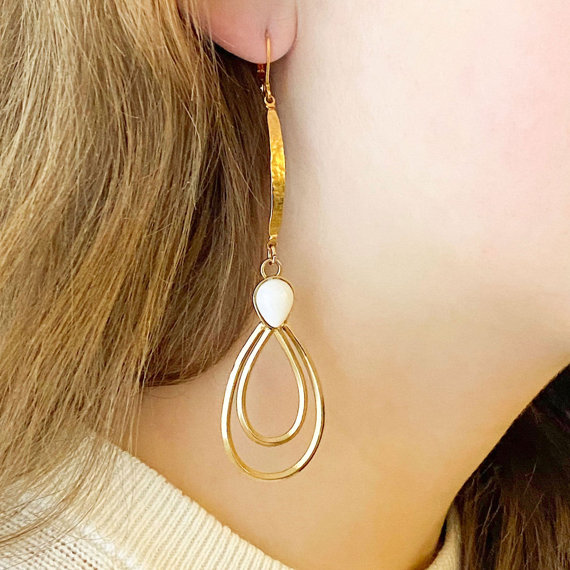 CAMDEN gold and white long teardrop earrings-GREEN BIJOU