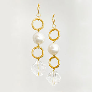 CARALYNN long gold, pearl and crystal earrings-GREEN BIJOU