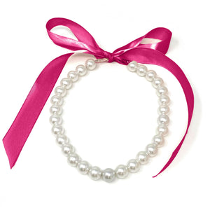 DOTTY bright pink ribbon pearl necklace-GREEN BIJOU