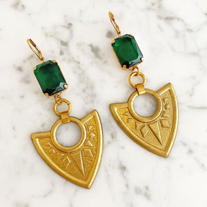 OCTAVIUS statement emerald green shield earrings-GREEN BIJOU