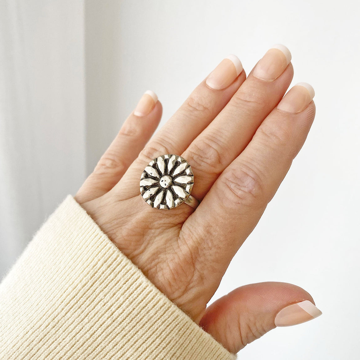 SILAS vintage silver flower ring-GREEN BIJOU