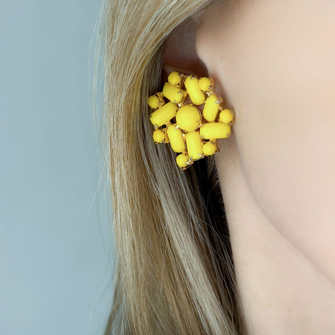 ABBY vintage yellow rhinestone statement clip earrings-GREEN BIJOU