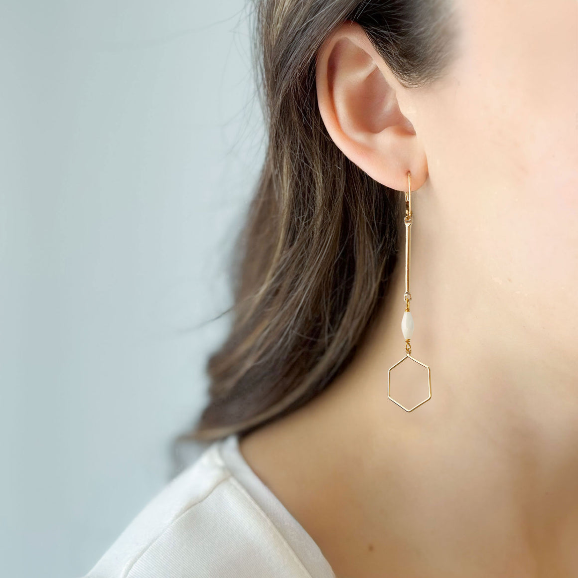 AINSLAY long gold hexagon earrings-GREEN BIJOU