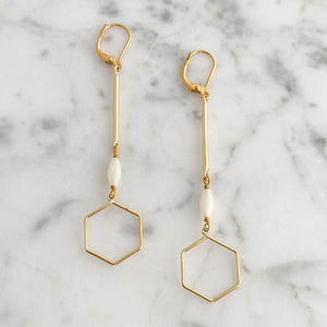 AINSLAY long gold hexagon earrings-GREEN BIJOU