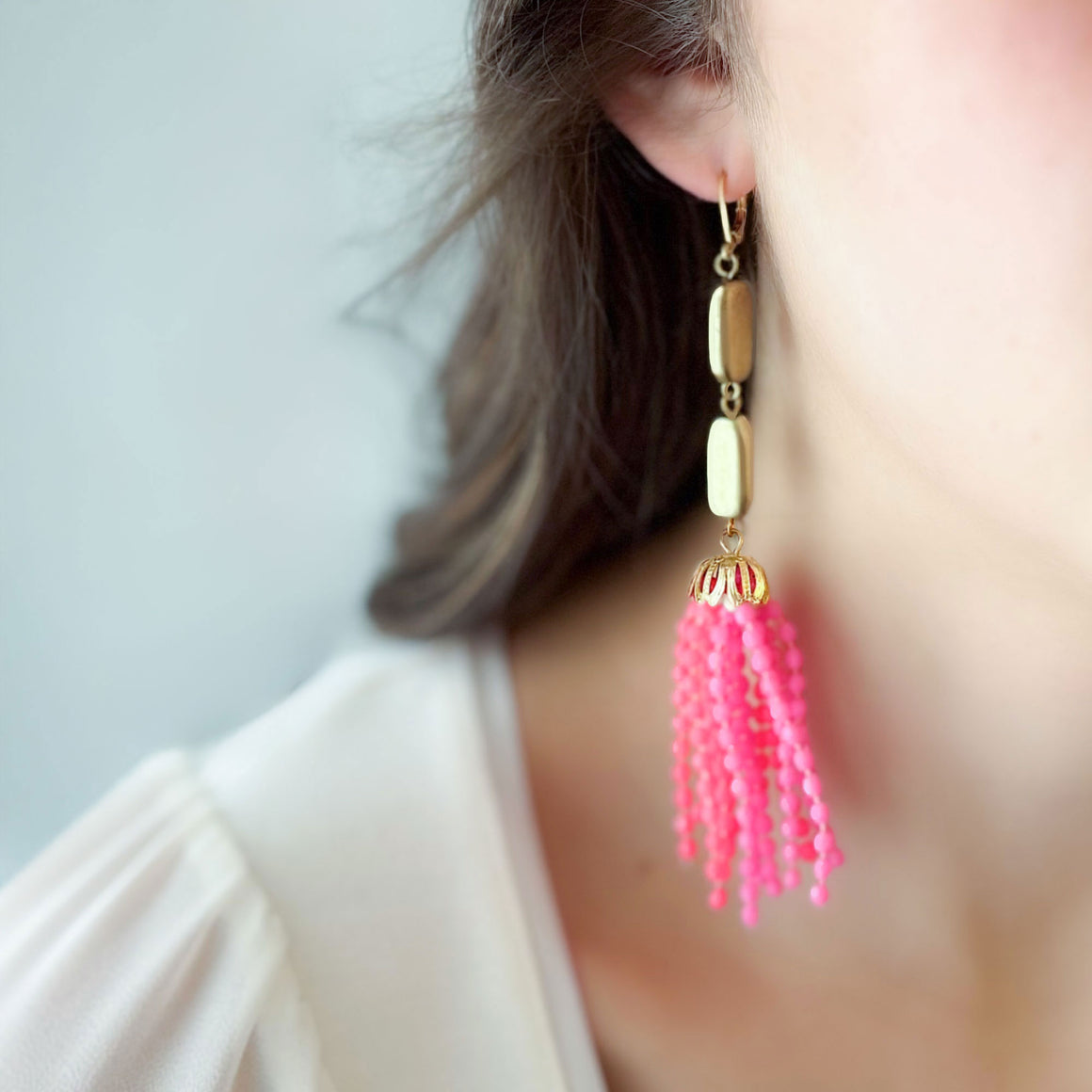 ALICE statement pink beaded tassel earrings-GREEN BIJOU