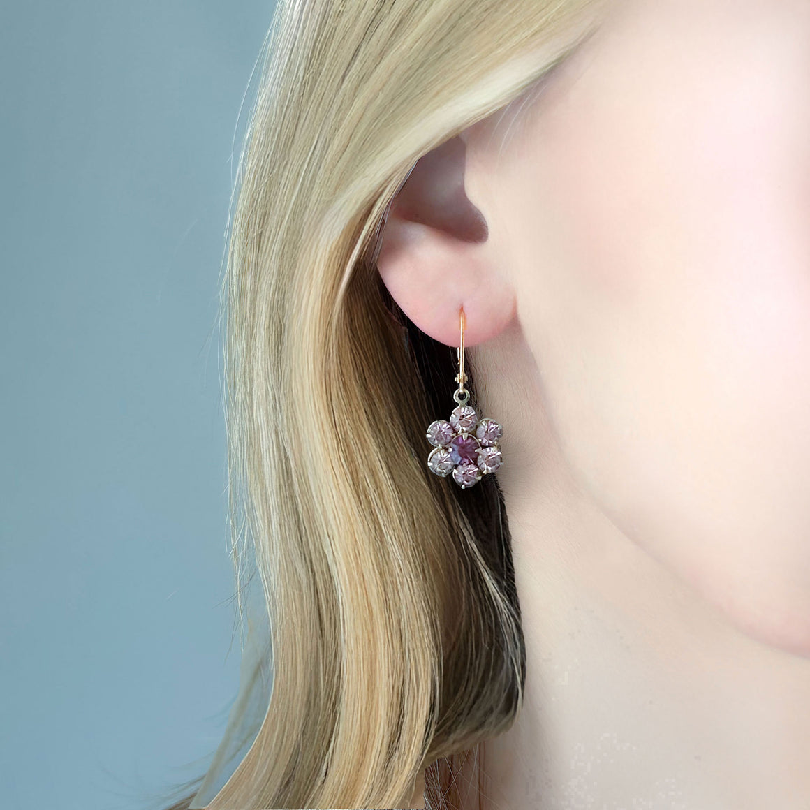 AMRITA small vintage amethyst rhinestone flower earrings-GREEN BIJOU