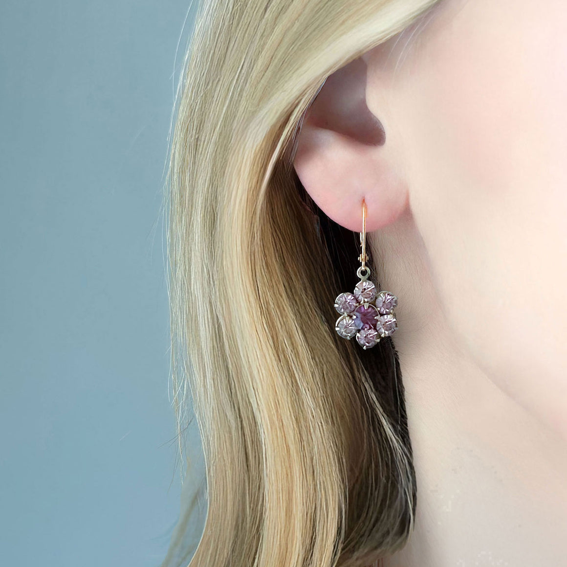 AMRITA small vintage amethyst rhinestone flower earrings-GREEN BIJOU