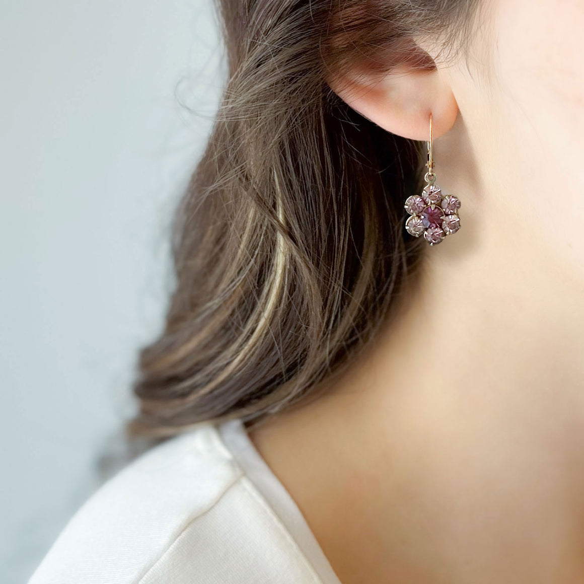 AMRITA small vintage amethyst rhinestone flower earrings-GREEN BIJOU