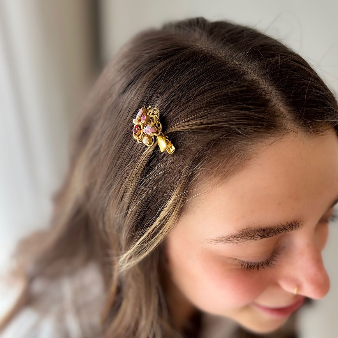 ANNABEL vintage pink, opal, pearl, ruby and gold hair clip-GREEN BIJOU
