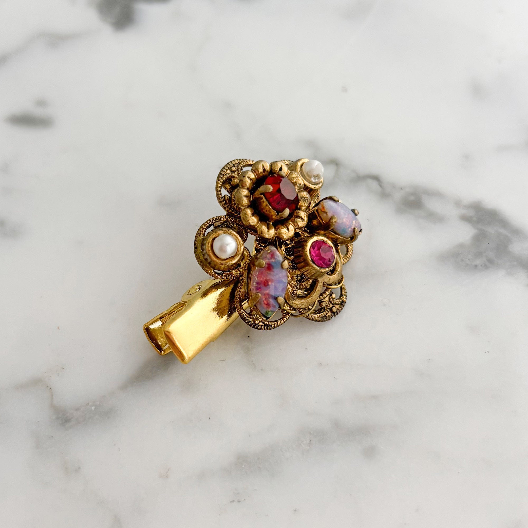 ANNABEL vintage pink, opal, pearl, ruby and gold hair clip-GREEN BIJOU
