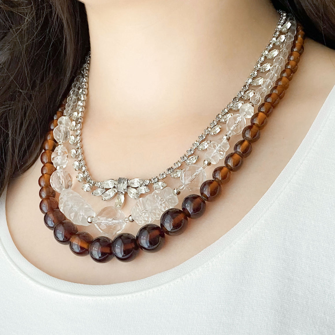 ANNASTASIA triple strand clear and amber glass bead necklace-GREEN BIJOU