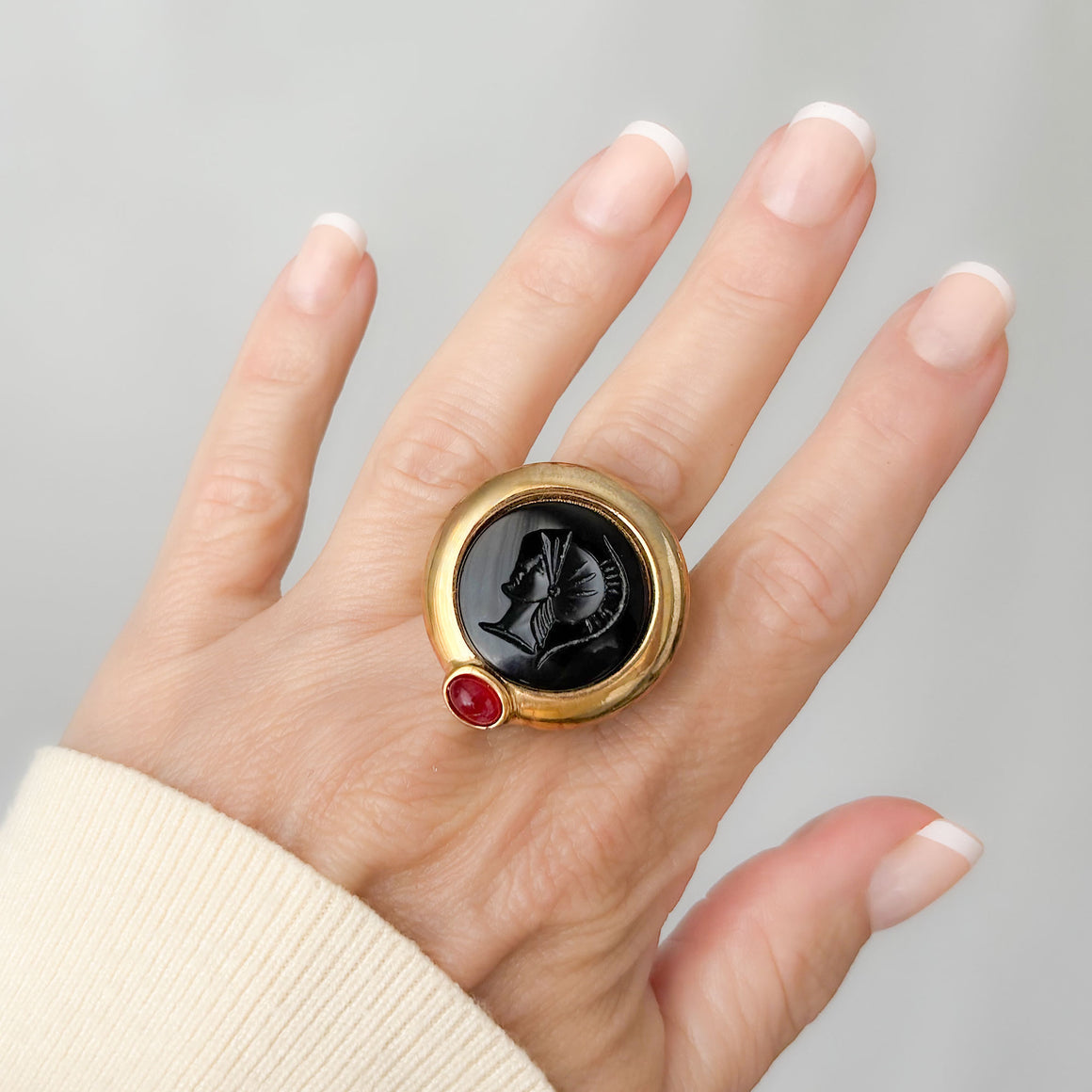 ARTHUR vintage carved black gladiator relief carnelian ring-GREEN BIJOU