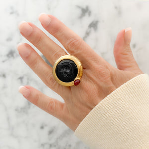 ARTHUR vintage carved black gladiator relief carnelian ring - 