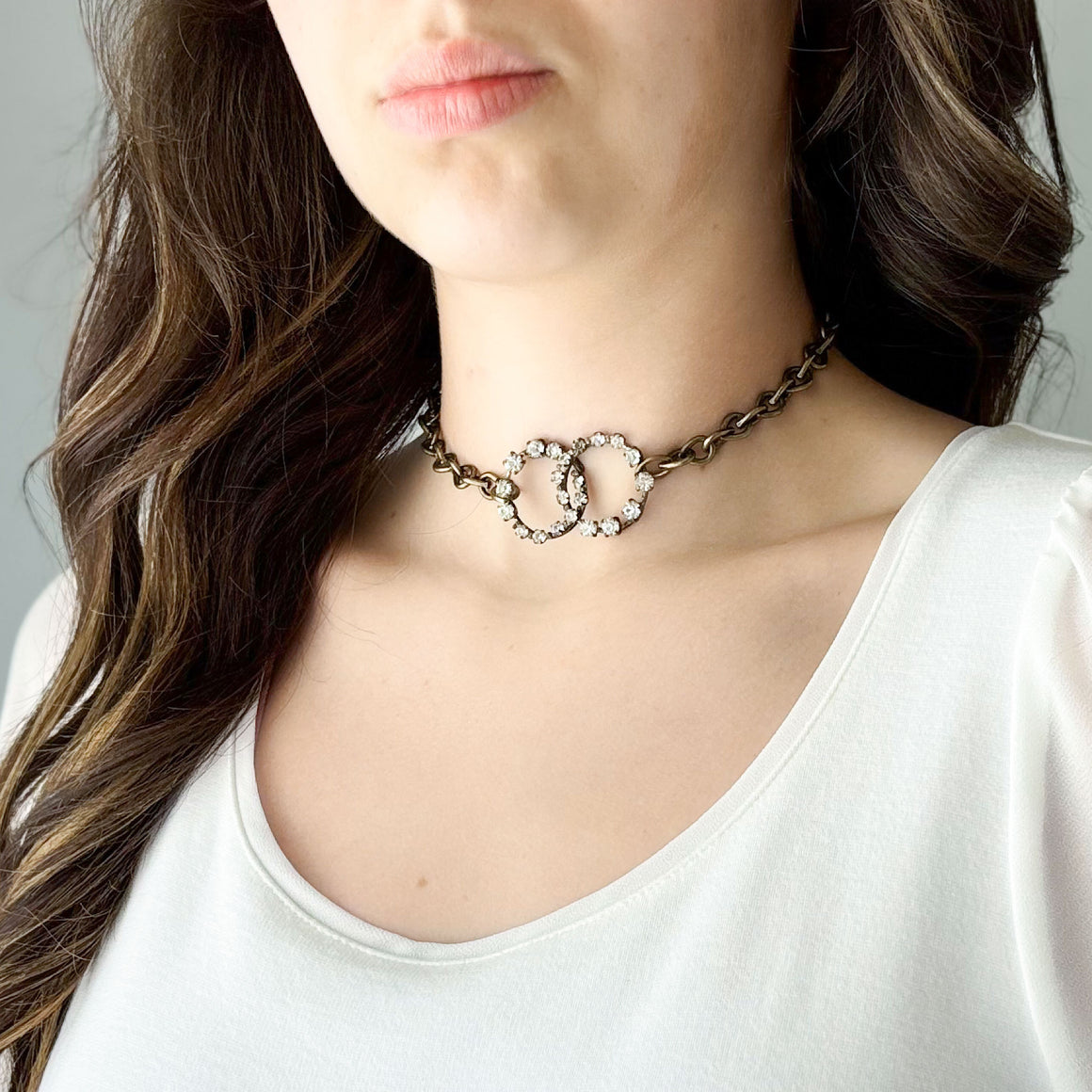 ARTURO Antique Austrian rhinestone circle brass chain choker-GREEN BIJOU