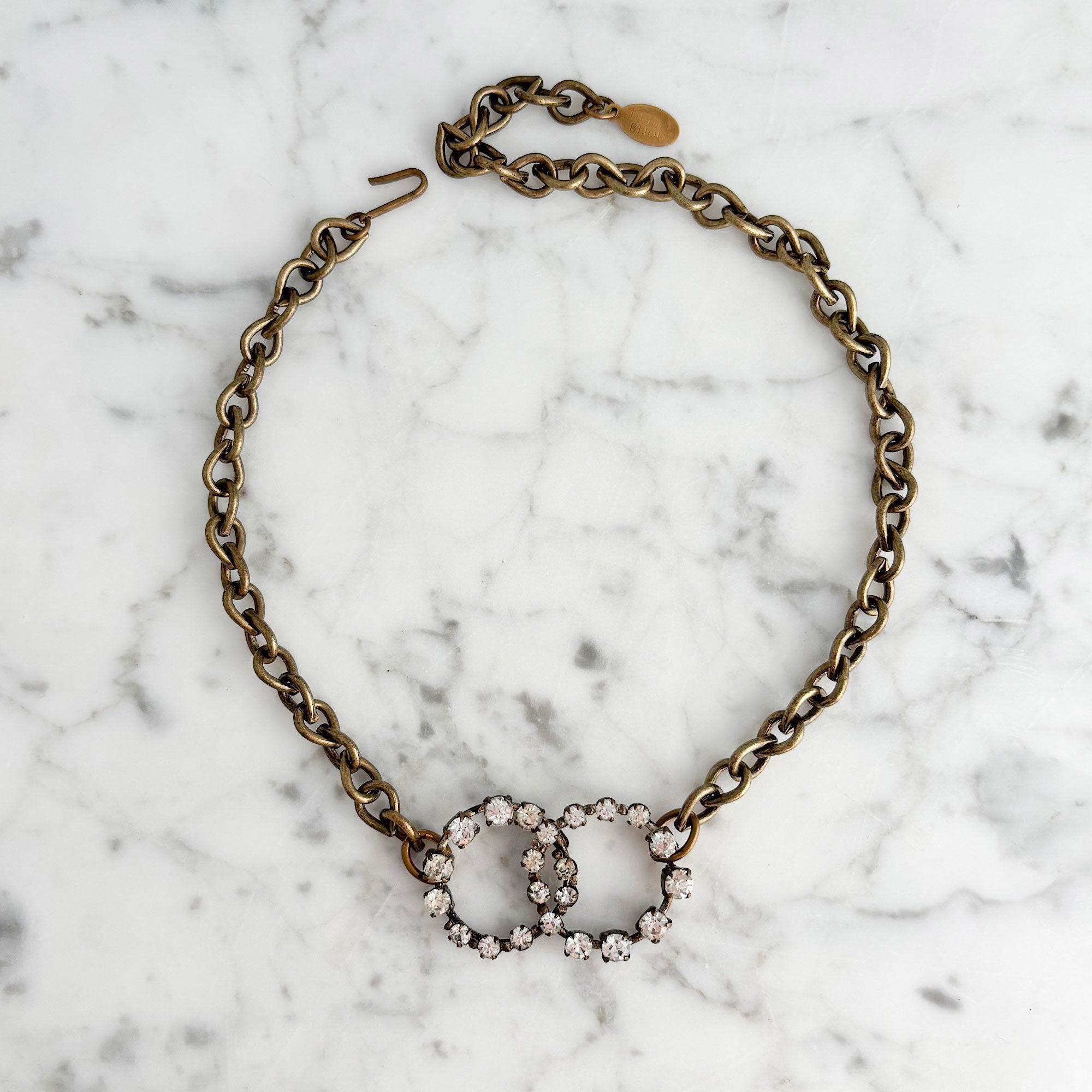 ARTURO Antique Austrian rhinestone circle brass chain choker-GREEN BIJOU