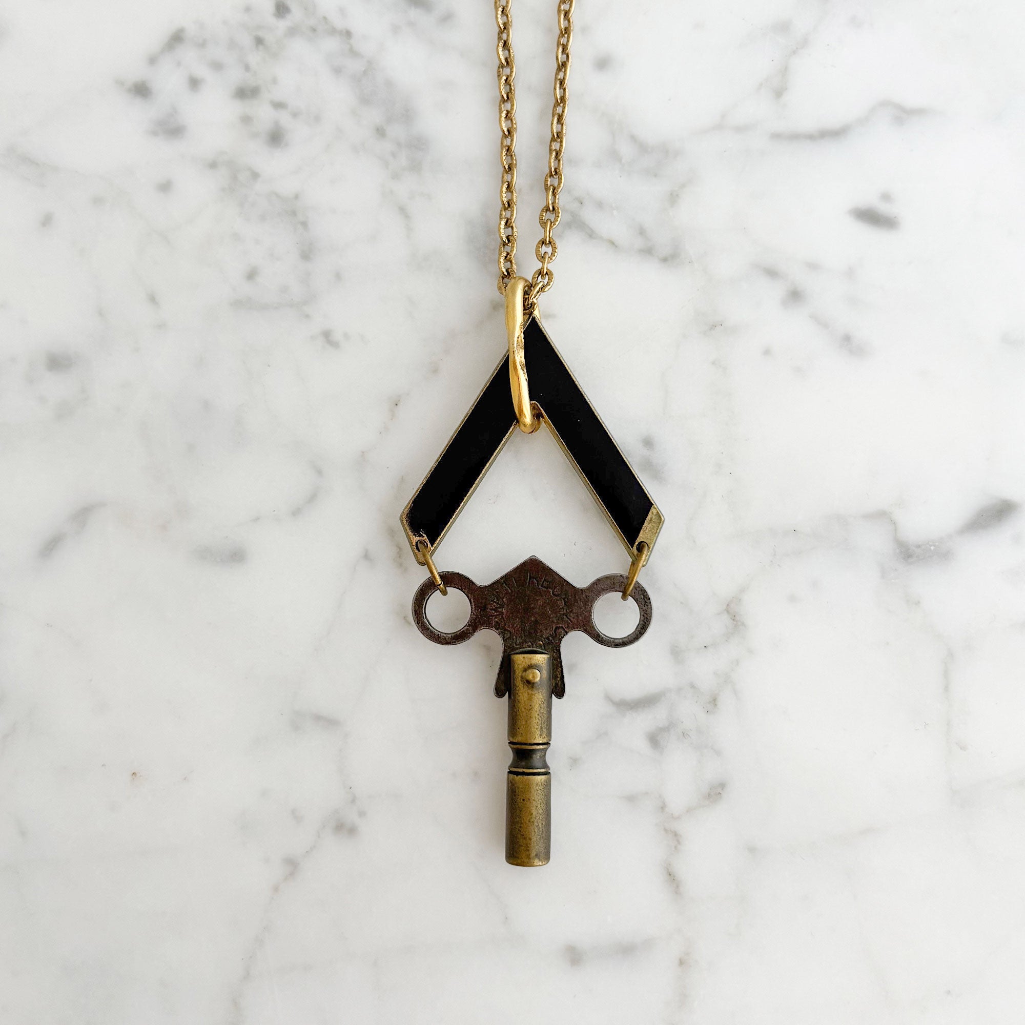 Antique Clock Key Pendant Necklace | Brass & Black Enamel | GARETH-GREEN BIJOU