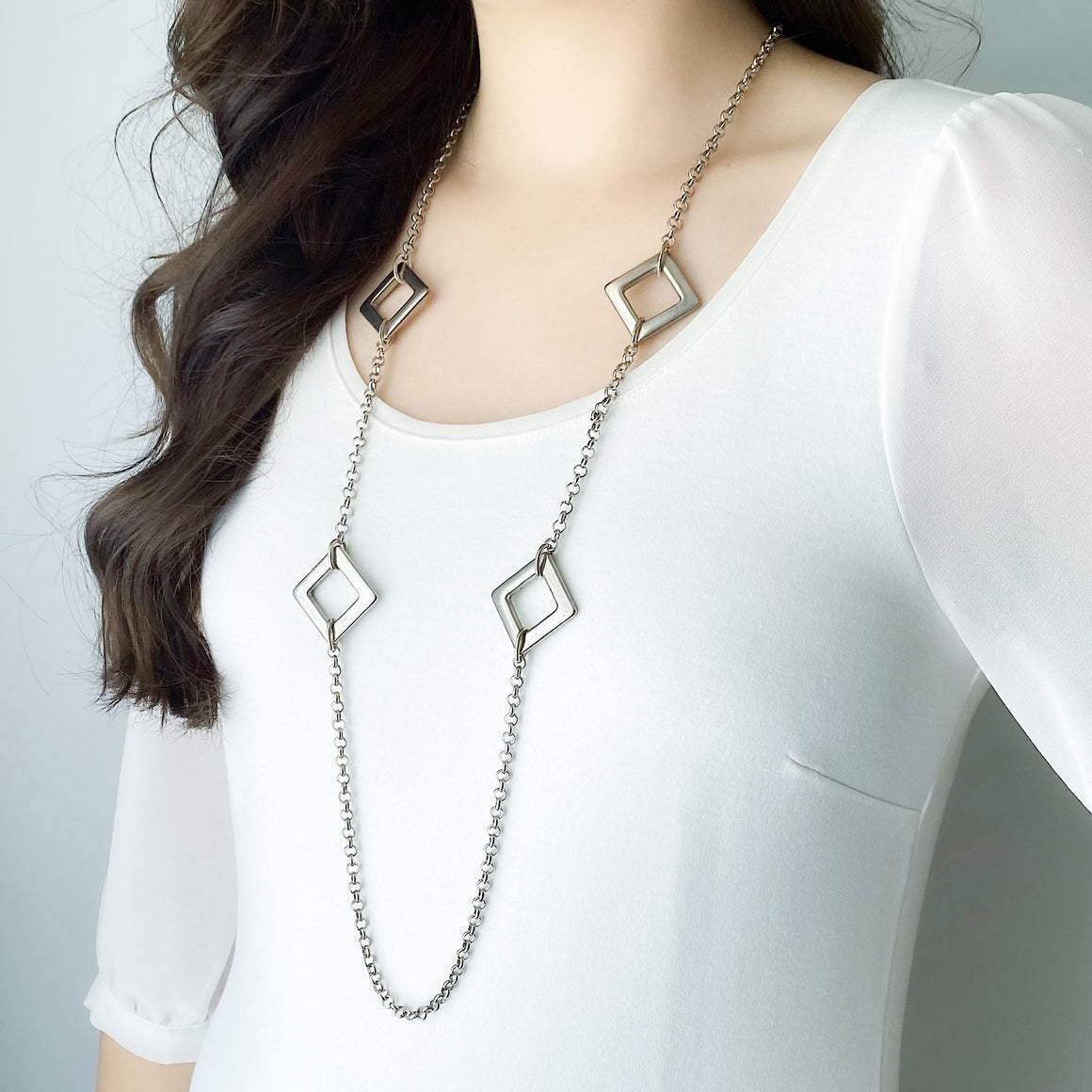 BALDWIN vintage silver diamond links long chain necklace-GREEN BIJOU