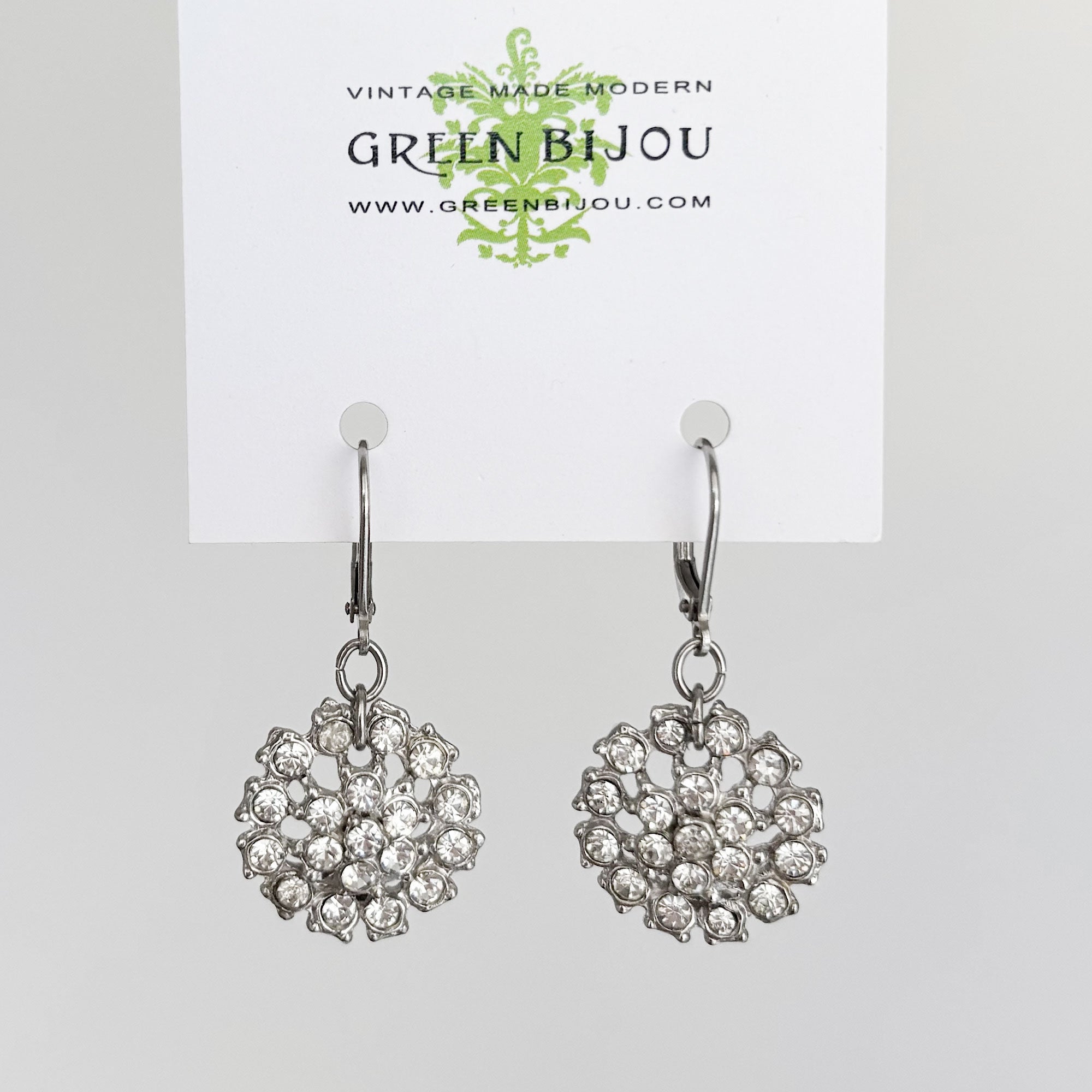 BAYES vintage silver tone rhinestone round dangle earrings-GREEN BIJOU