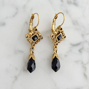 BAYLAH vintage black crystal gold filigree dangle earrings - 