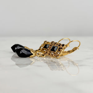 BAYLAH vintage black crystal gold filigree dangle earrings - 