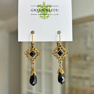 BAYLAH vintage black crystal gold filigree dangle earrings - 