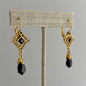 BAYLAH vintage black crystal gold filigree dangle earrings-GREEN BIJOU