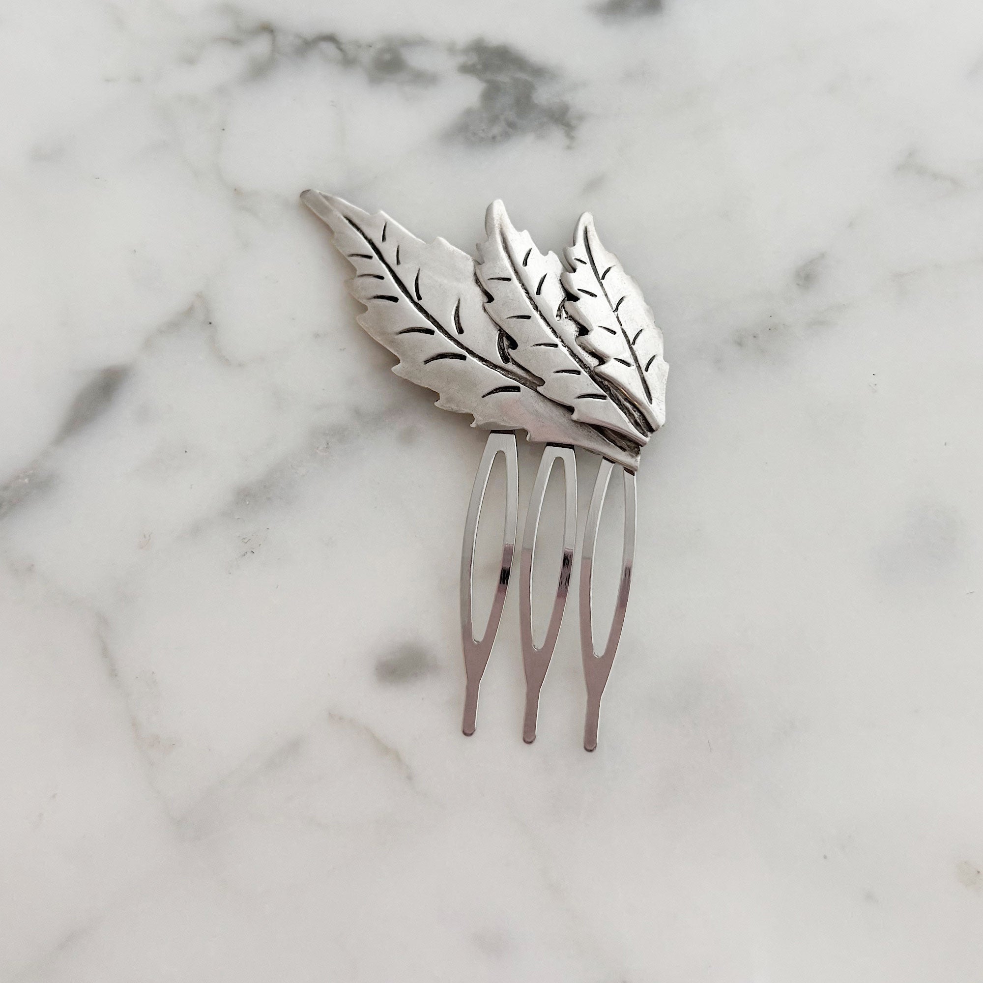 BELLAMY vintage sterling silver trio of leaves hair comb-GREEN BIJOU