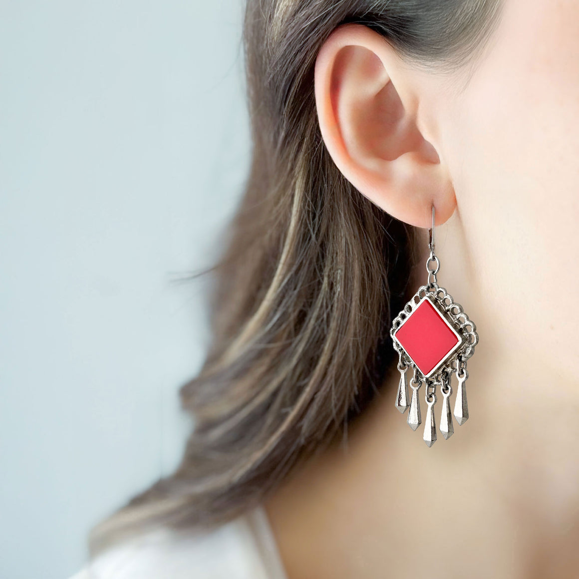 BENJAMIN vintage red and oxidized silver dangle earrings-GREEN BIJOU