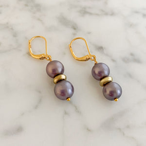 BETTINA vintage Italian mauve pearl gold rondelle earrings-GREEN BIJOU
