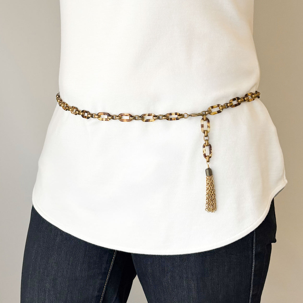 JAYDEN animal print acrylic paper clip chain and brass belt