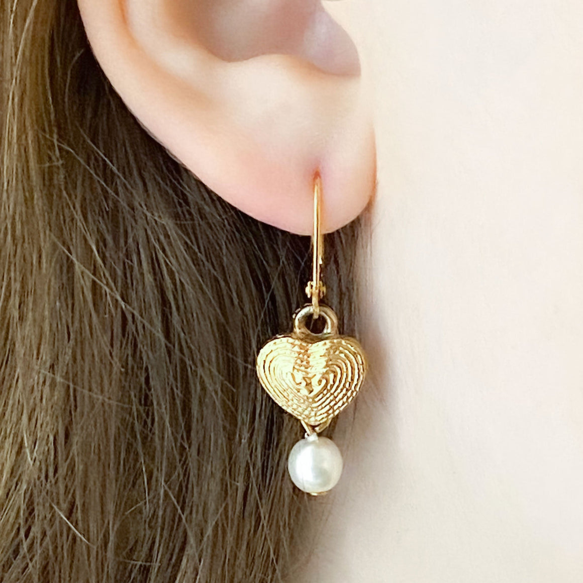 BLANCHE vintage gold hearts from Paris and pearl earrings-GREEN BIJOU
