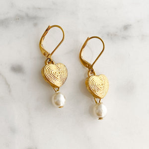 BLANCHE vintage gold hearts from Paris and pearl earrings-GREEN BIJOU