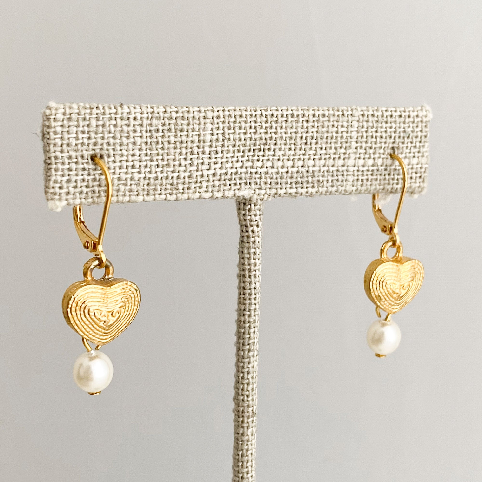 BLANCHE vintage gold hearts from Paris and pearl earrings-GREEN BIJOU