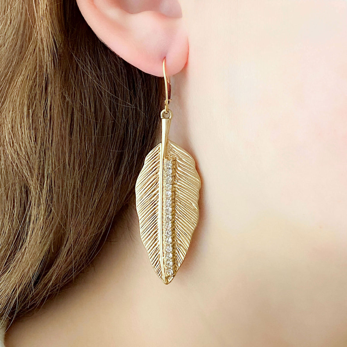 BRANDON vintage gold tone crystal leaf long dangle earrings-GREEN BIJOU