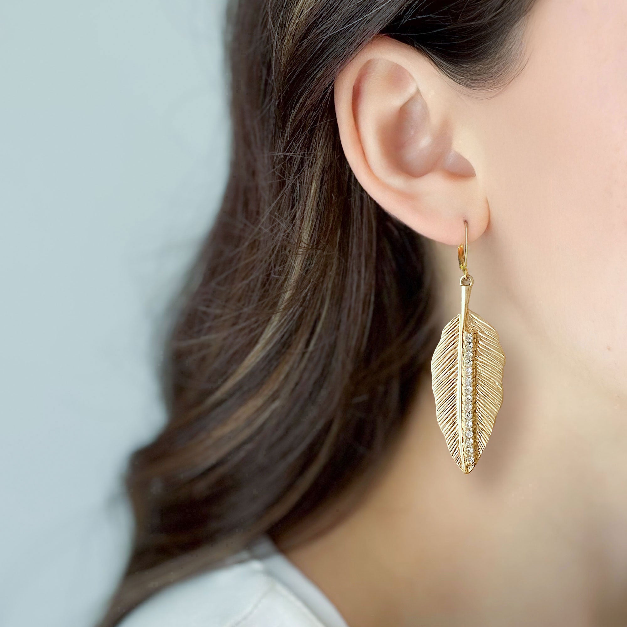 BRANDON vintage gold tone crystal leaf long dangle earrings - 