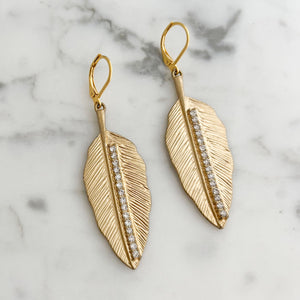 BRANDON vintage gold tone crystal leaf long dangle earrings - 