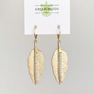 BRANDON vintage gold tone crystal leaf long dangle earrings - 