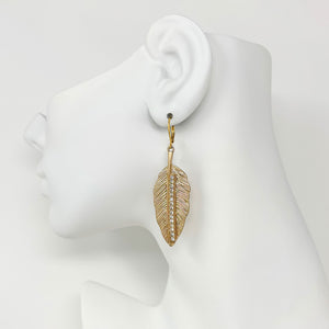 BRANDON vintage gold tone crystal leaf long dangle earrings - 