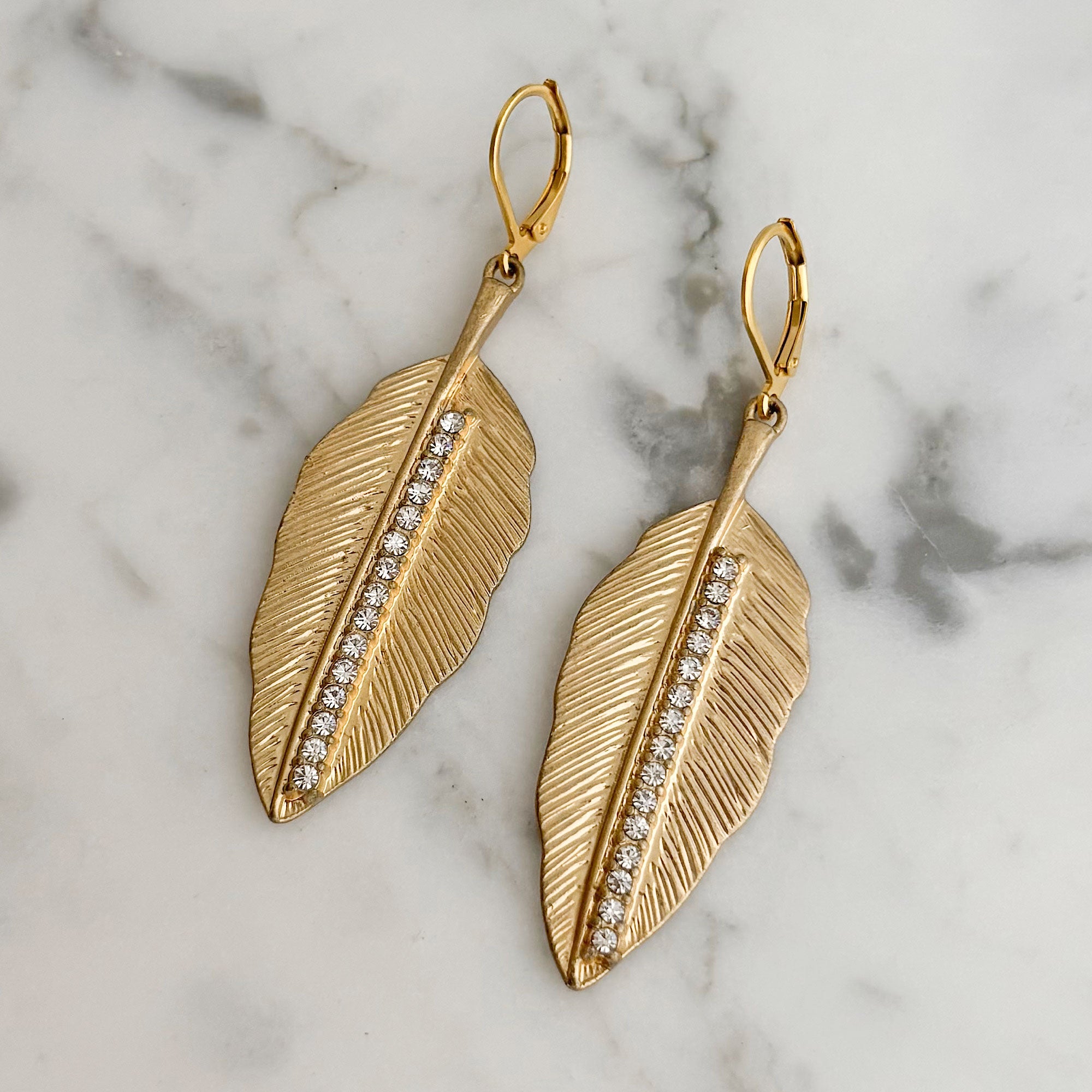 BRANDON vintage gold tone crystal leaf long dangle earrings - 