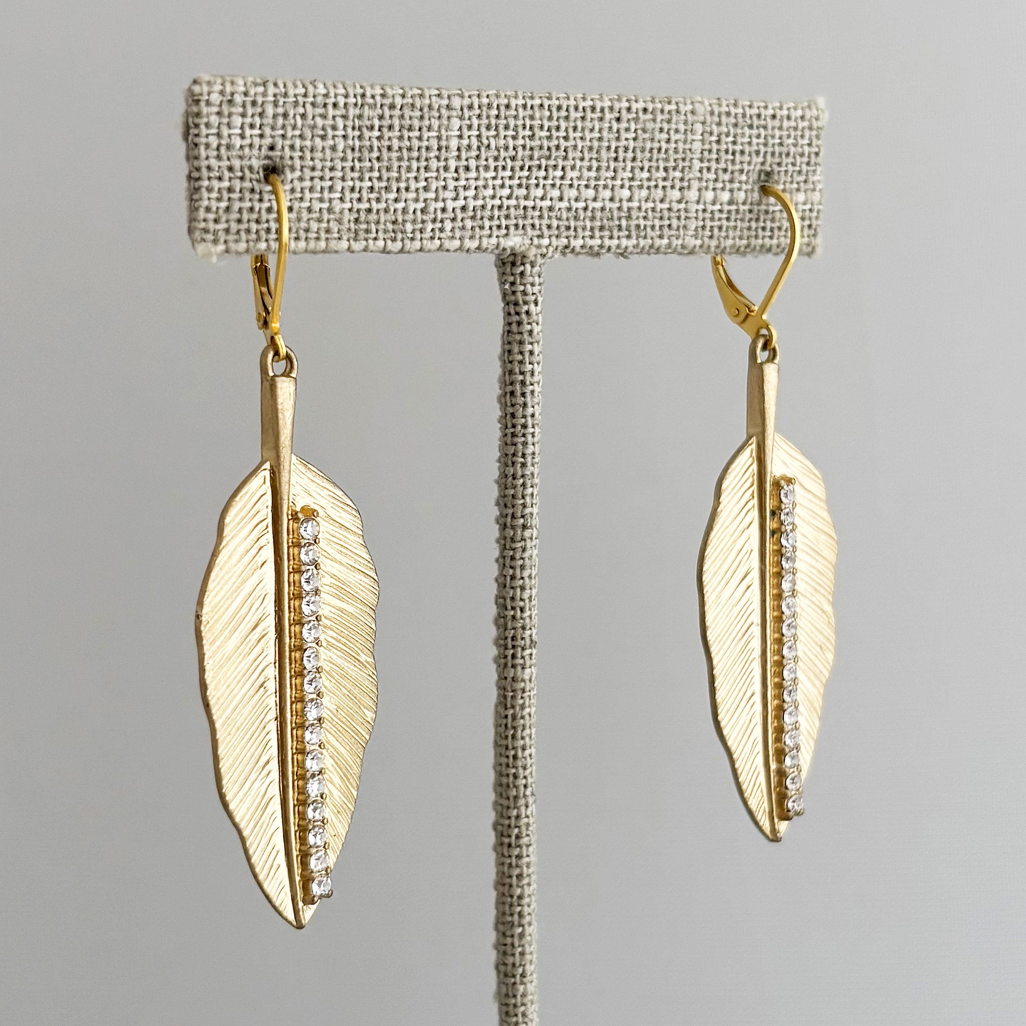 BRANDON vintage gold tone crystal leaf long dangle earrings-GREEN BIJOU