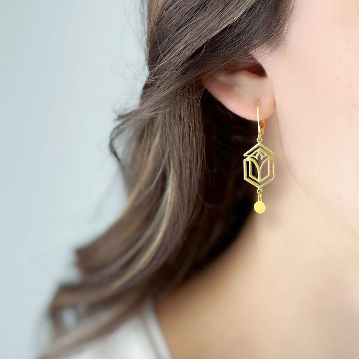 BRYCE Art Deco gold tone pendants and disc dangle earrings-GREEN BIJOU