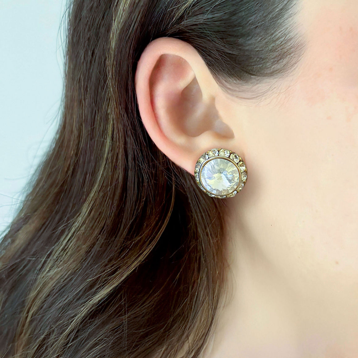 BRYN vintage gold and clear rivoli crystal stud earrings-GREEN BIJOU