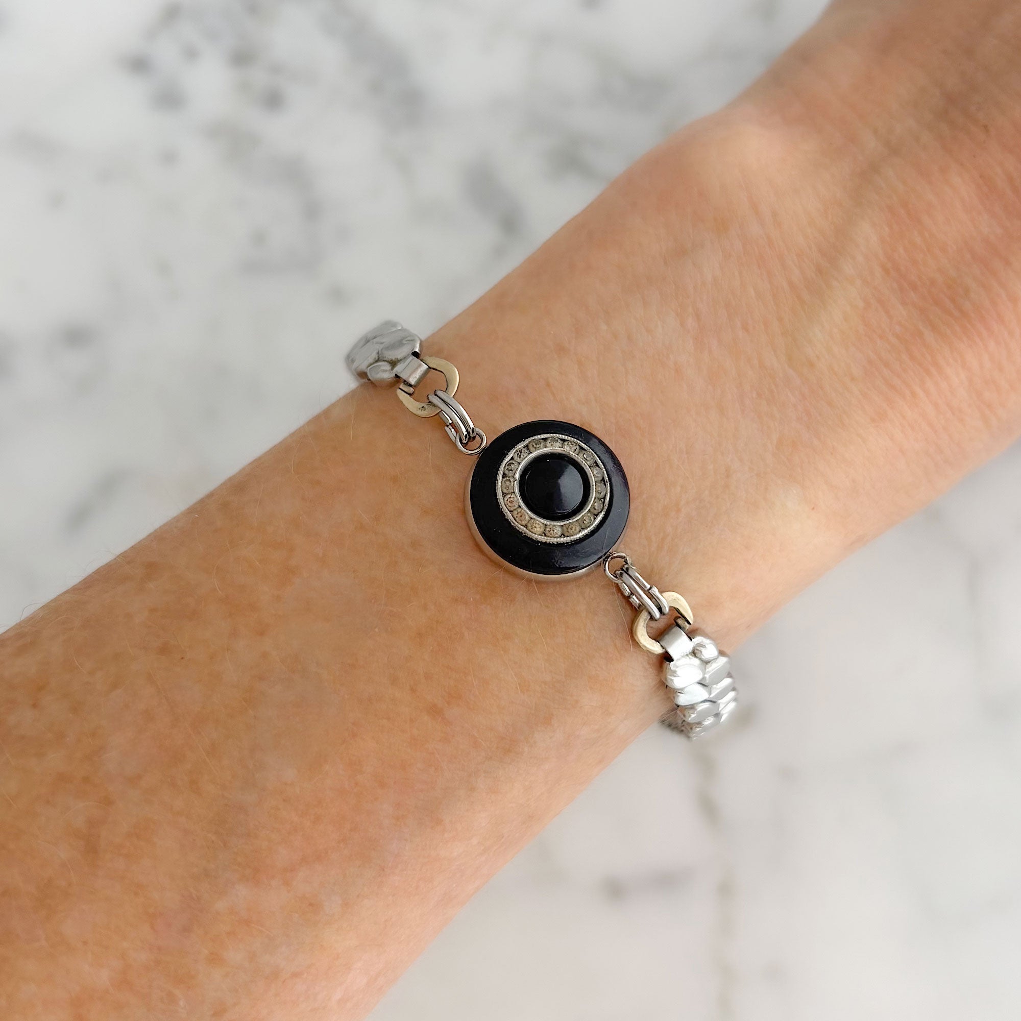 Black Medallion Stretch Bracelet | Made from Vintage Clip-On & Watch Band | PHOEBE-GREEN BIJOU